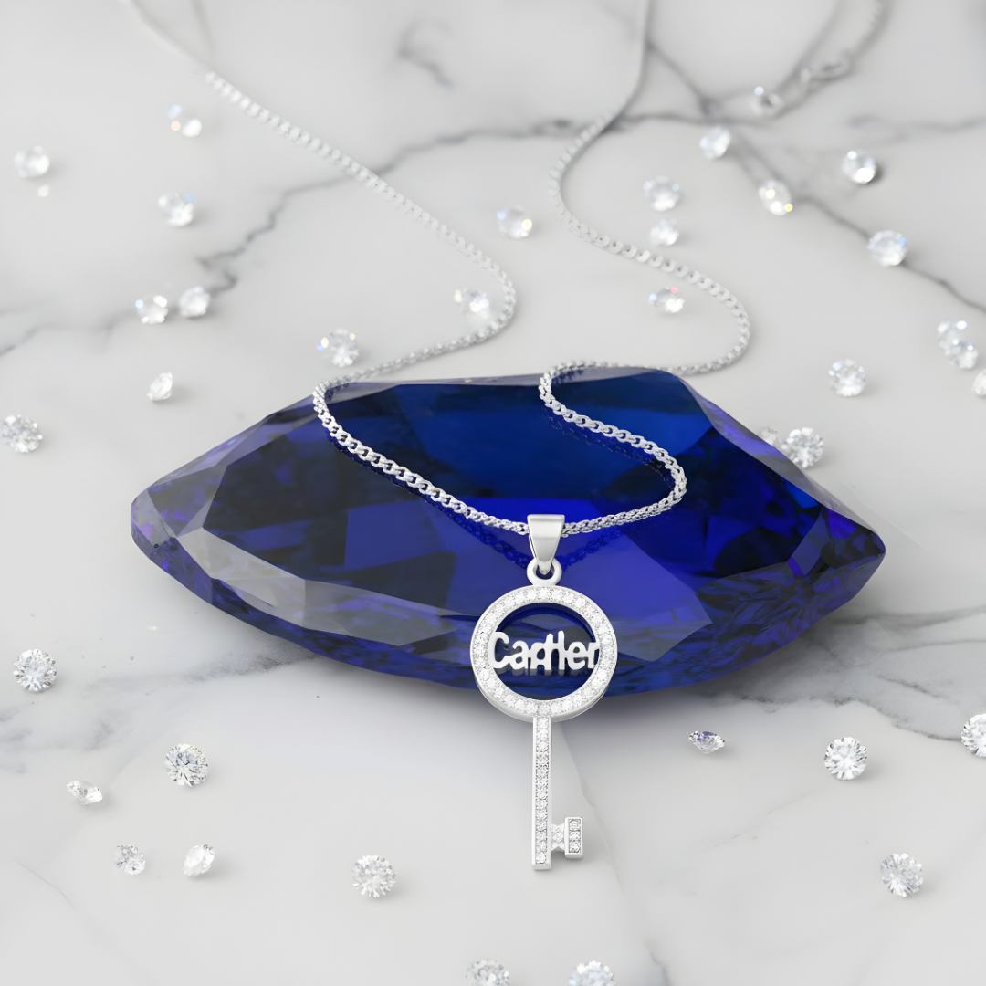 Sterling Silver American Diamond Key Pendant Necklace – Paved Script Key Pendant for Women